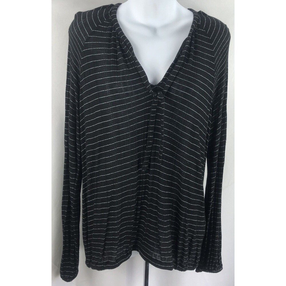Lucky Brand Top L Blk\Wht Stripe Tie V-Neck Balloon LongSleeve Grunge 90s Y2K